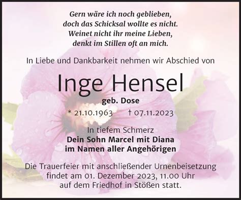 Traueranzeigen Von Inge Hensel Abschied Nehmen De