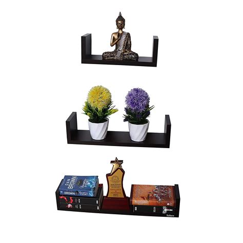 Madhuran Wooden Wall Mounted U Shape Books Shelf Unit Tier 3 Wenge Ii For Home Library Living