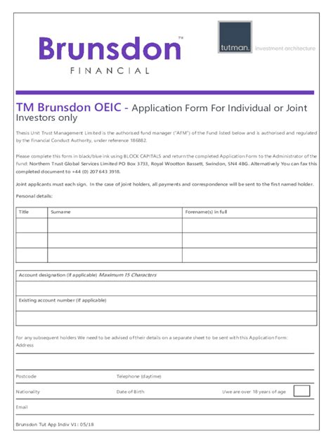 Fillable Online TM Brunsdon OEIC Application Form For Individual Or