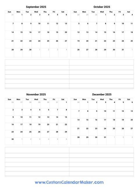 September To December Printable Calendar Custom Calendar Maker