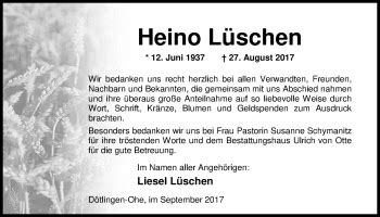 Traueranzeigen Von Heino L Schen Nordwest Trauer De