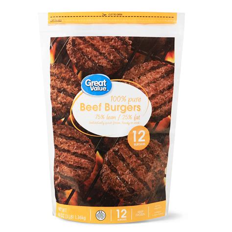 Great Value 100 Pure Beef Burgers 75 Lean 25 Fat 3 Lbs 12 Count Frozen