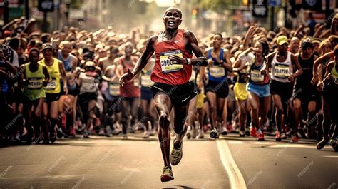 Premium Ai Image Photo Of A Man Running In A Marathon In Front Of A