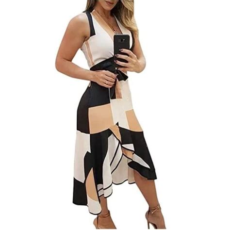 Robe Longue Femme Mode Col En V Sans Manches Robe Impression