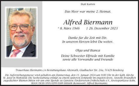 Traueranzeigen Von Alfred Biermann WirTrauern