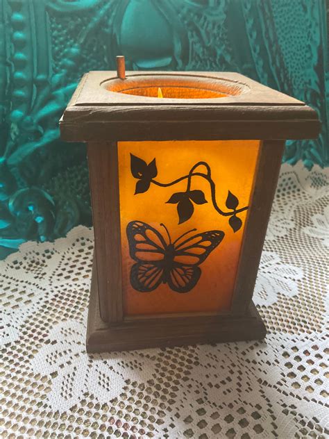 Vintage Wood Glass Butterfly Candle Holder Luminary Etsy