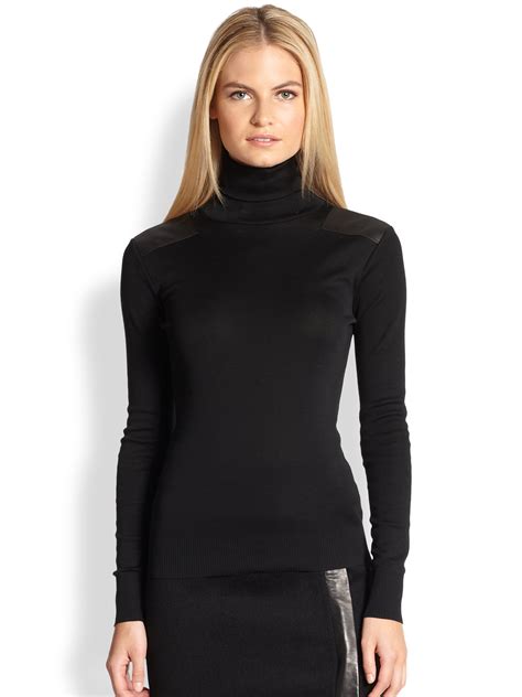 Ralph Lauren Black Label Leather Trimmed Cashmere Jersey Turtleneck In