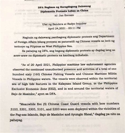 Solved Dfa Nagkaea Ng Karagdagang Dalawang Diplomatic Protesta Laban