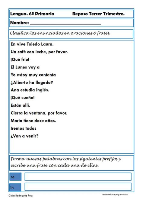 Ejercicios de Lengua para Sexto de Primaria Niños 12 12 años