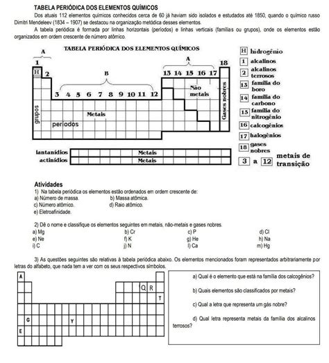 Atividades Tabela Periodica Ano Zuledu