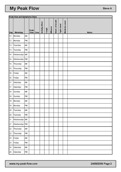 Print Peak Flow Diary | Example Calendar Printable