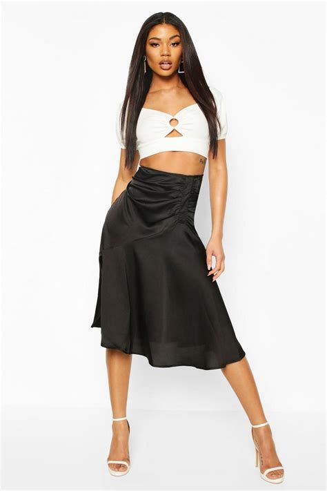 Womens Ruched Front Satin Midi Skirt Boohoo Uk