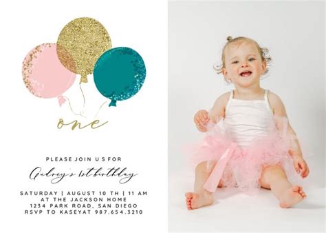 Glitter Balloons Photo Birthday Invitation Template Free