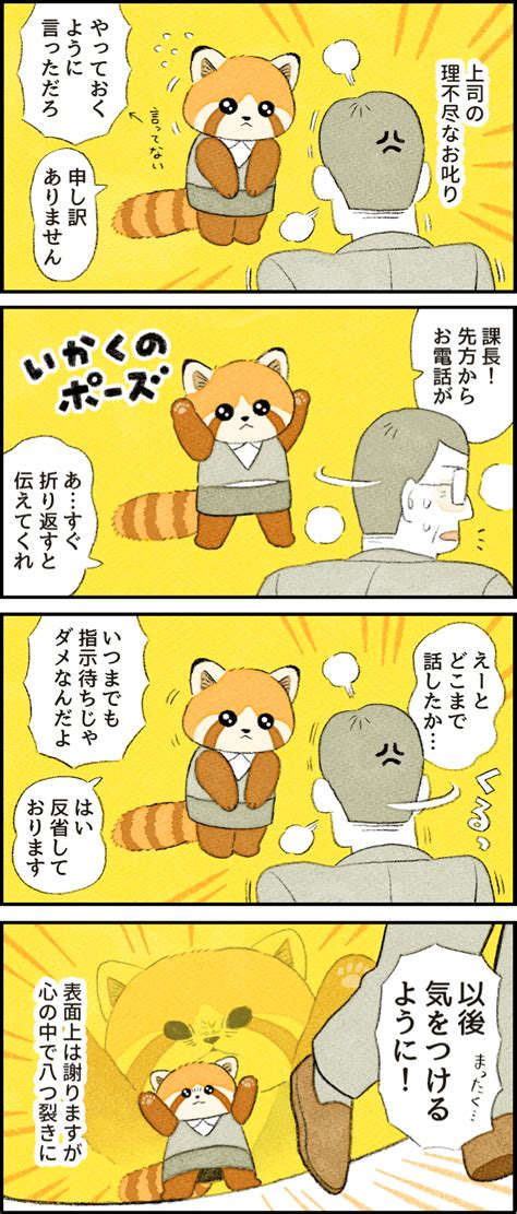 【4コマ漫画by類】社員番号01：レッサーパンダ 特徴：威嚇する｜がんばらない社員ずかん