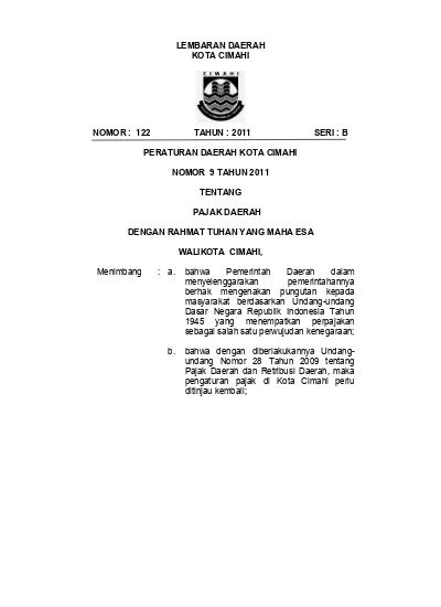 LEMBARAN DAERAH KOTA CIMAHI NOMOR 122 TAHUN 2011 SERI B PERATURAN