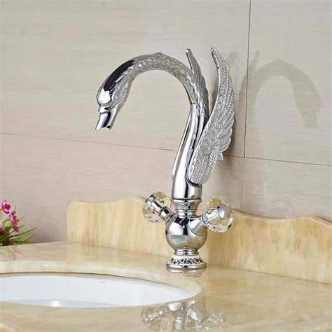 New Crystal Style Chrome Brass Bathroom Faucet Double Cross Handles Swan Faucet Deck Mounted