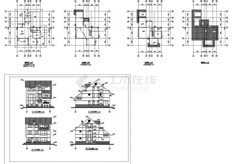 德式独栋三层别墅建筑施工cad图纸，共八张别墅建筑土木在线