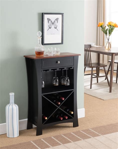 Jasper Wine Storage And Bar Cabinet With Glass Holders And Drawer Black And Natural Wood