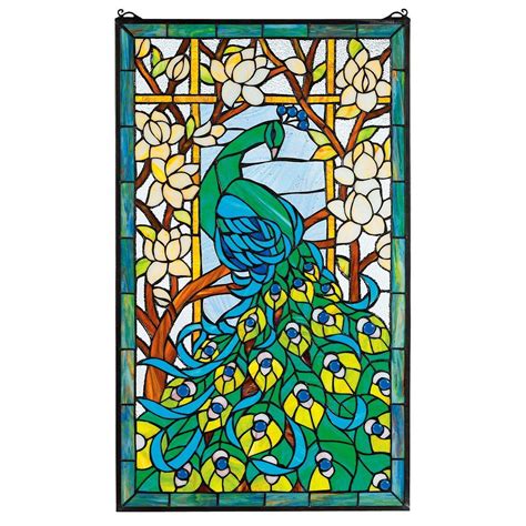 Design Toscano Peacocks Paradise Stained Glass Window Hanging Panel 89 Cm Stained Glass Full