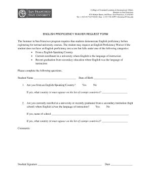 Fillable Online Sfsummer Sfsu ENGLISH PROFICIENCY WAIVER REQUEST FORM