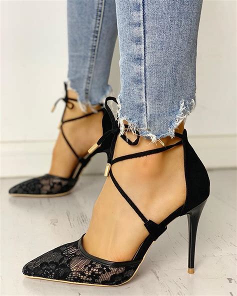 Lace Hollow Out Lace Up Thin Heeled Sandals Online Discover Hottest