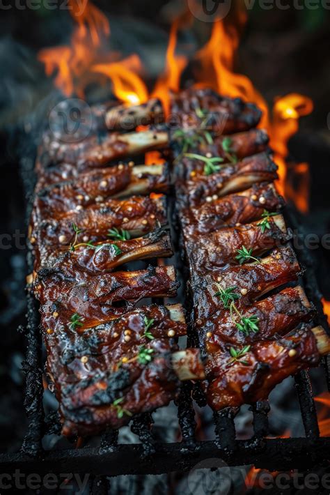 Sizzling Spit Roasted Cow Ribs Irresistible Bbq Delight Stock