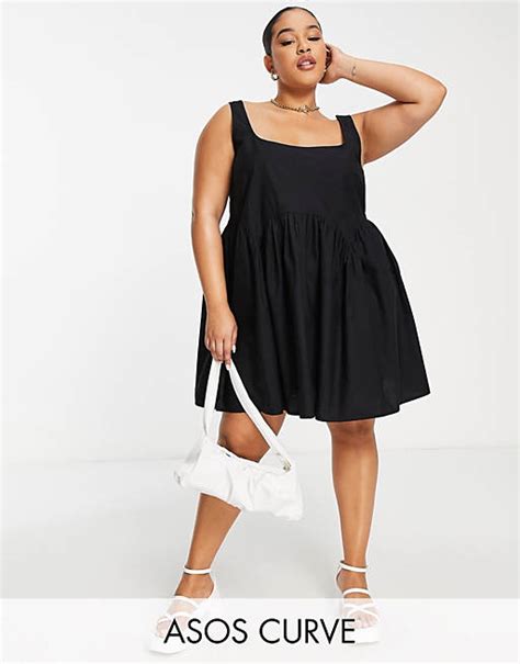 Asos Design Curve Square Neck Mini Smock Sundress In Black Asos