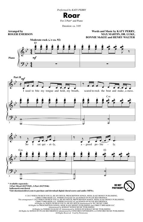 Roar Arr Roger Emerson By Katy Perry Sheet Music For 2 Part Choir At