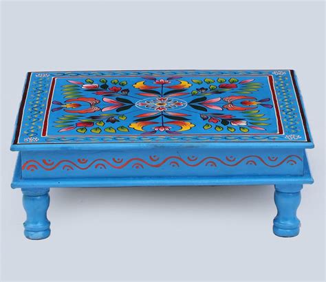 Buy Handpainted Soild Wood Blue Multipurpose Chowki At Off Online