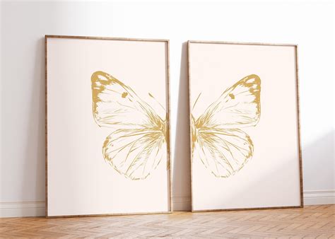 Gold Sketch Butterfly Printable Wall Art Set Of 2 Abstract Etsy