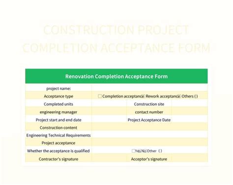 Construction Project Completion Acceptance Form Excel Template And