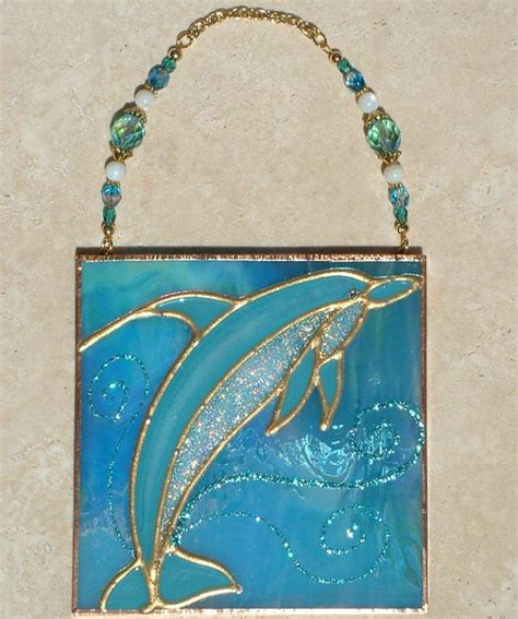 Dolphin Suncatcher Beach Art Stained Glass Panel Wall Jewelry Stained Glass Ornament Wall