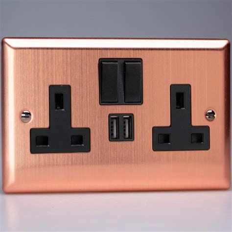 Varilight Urban Brushed Copper 2 Gang 13a Switched Socket With Dual Usb Charging Ports Black