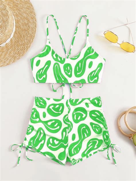 SHEIN Swim HotGoth Smile Face Print Drawstring Side Bikini Swimsuit