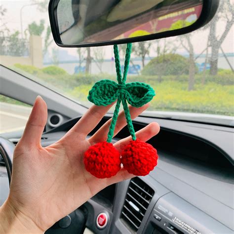 Cute Cherry Crochet Car Mirror Hanging Accessories For Women Teens