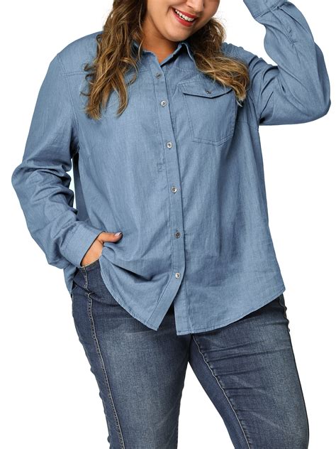 Unique Bargains Womens Plus Size Chest Pocket Long Sleeve Denim