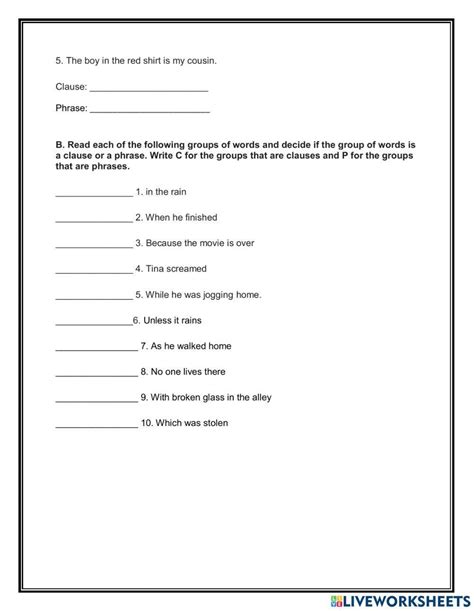 Phrase And Clauses Worksheet Live Worksheets Worksheets Library