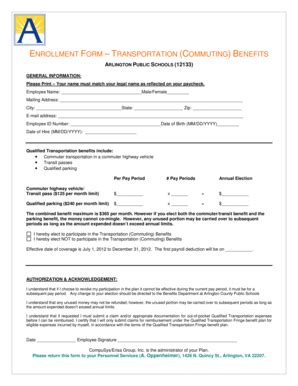 Fillable Online Apsva Enrollment Form Transportation Commuting