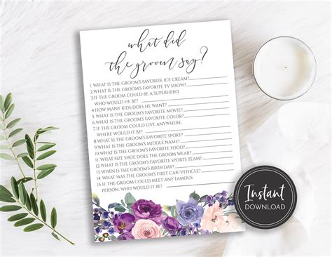 Purple Floral Bridal Shower Game What Did The Groom Say Game Instant