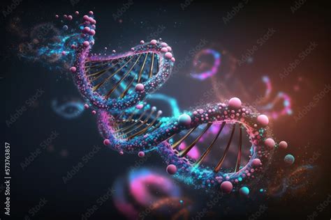 Digital Image Of Pink Dna Molecule Whirling With Molecules And Blue