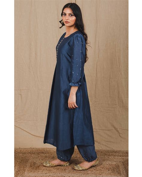 Blue Sequin Embroidered Puffed Sleeve Kurta By Vintage Loom The