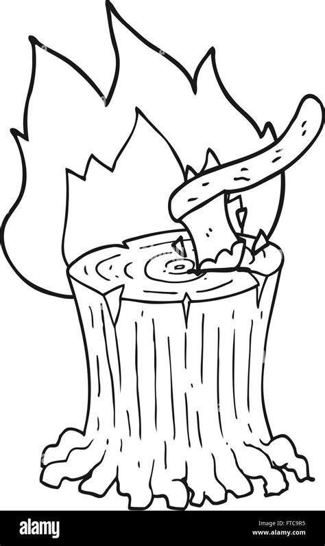 Freehand Drawn Black And White Cartoon Axe In A Flaming Tree Stump