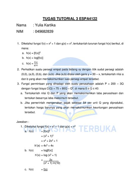 Tugas Tutorial 3 ESPA4122 Matematika Ekonomi 049682839 TUGAS TUTORIAL