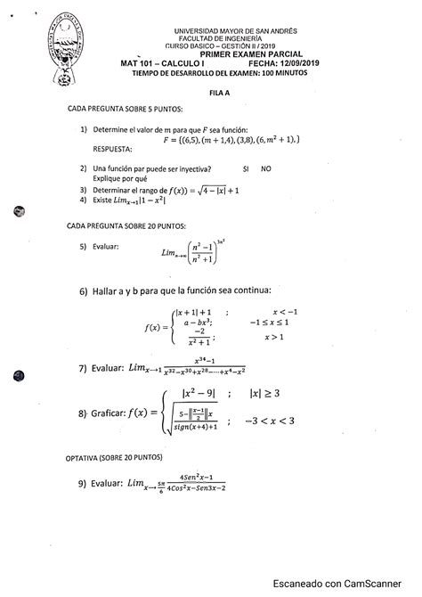 Calculo I 1er Parcial II 2019 Examen Resuelto UNIVERSIDAD MAYOR