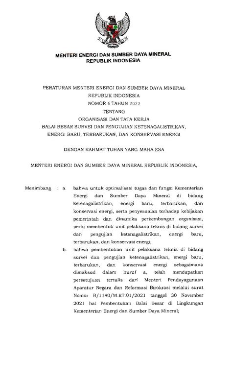 Peraturan Menteri Energi Dan Sumber Daya Mineral No 6 Tahun 2022