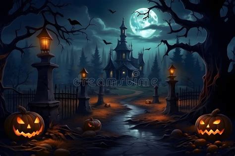 Spooky Halloween Night,Haunted Background with Pumpkin Stock ...