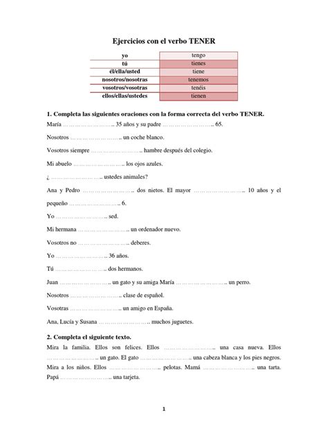 Ejercicios Con El Verbo Tener Pdf Pdf