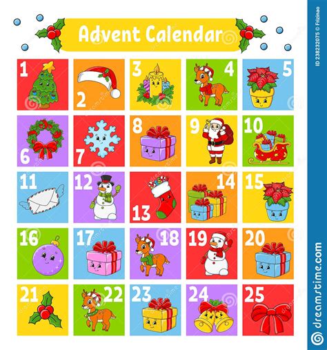 Christmas Advent Calendar With Cute Characters Santa Claus Deer