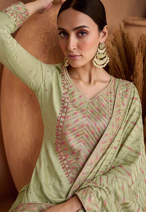 Buy Embroidered Art Silk Pakistani Suit In Light Green Online