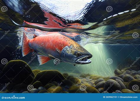 Salmon Swimming Under Water With Landscape Above The Surface Ai